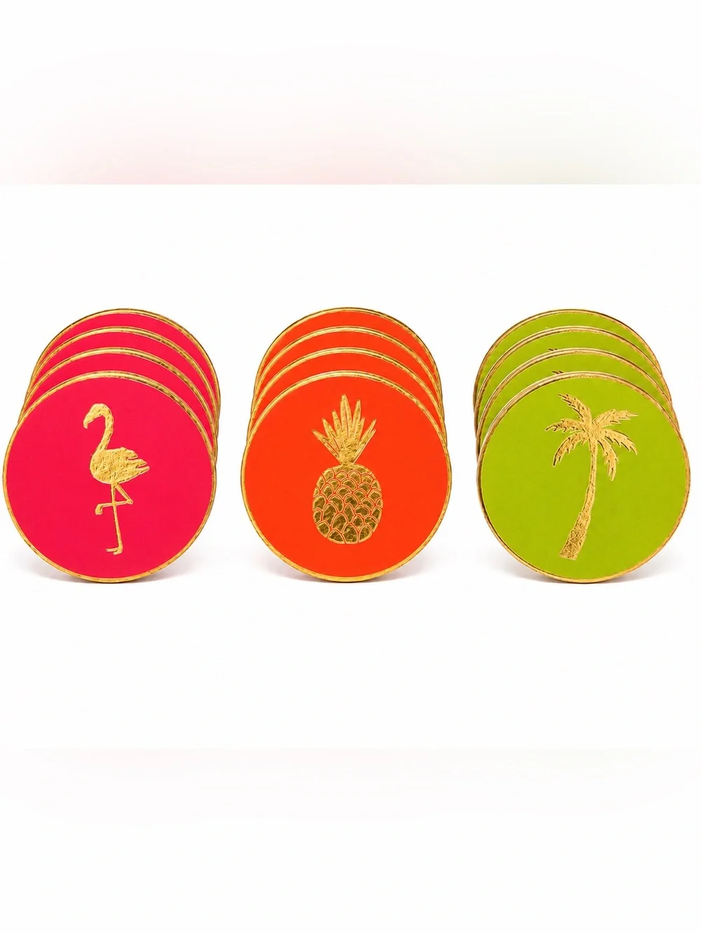NIB Molly & Rex Tropical Flamingo Pineapple Palm Tree Coaster Set 12 Gold Foil